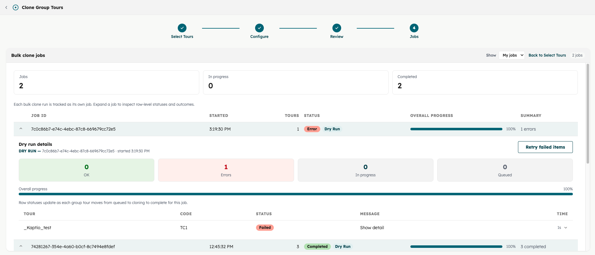 Jobs step with bulk clone job list, progress, and retry