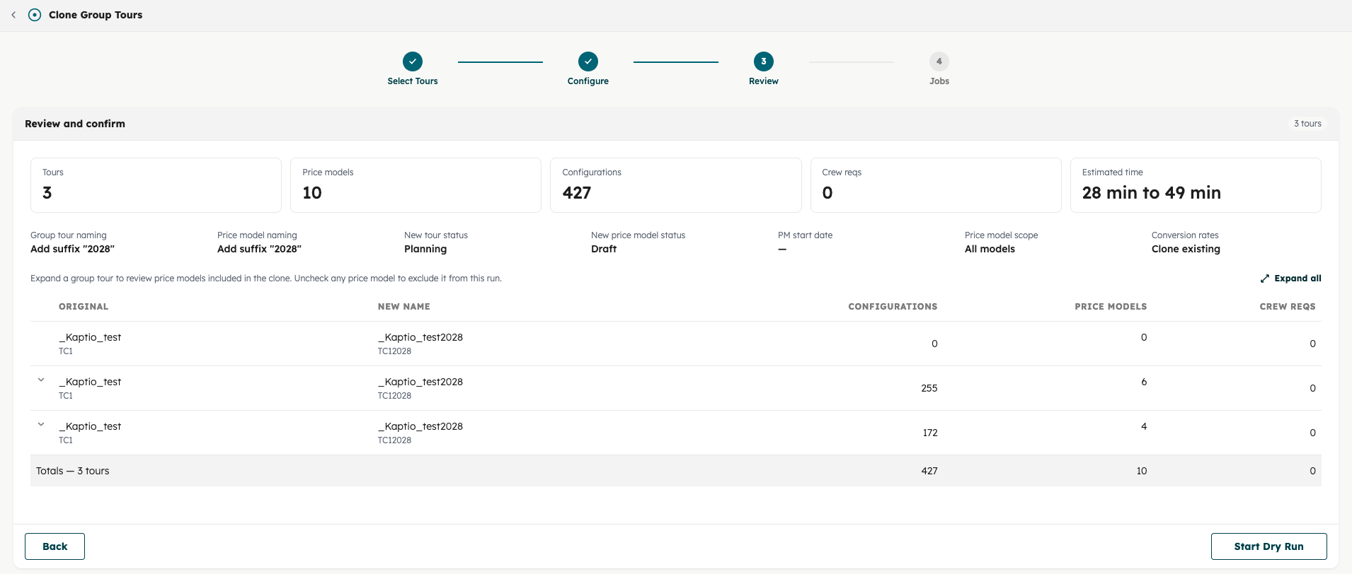 Review step with summary cards, clone settings, and tour list